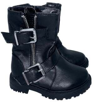 Black Moto Biker Boots Double Buckle Side Zip Combat Girls (TD) 5 Pre-Owned